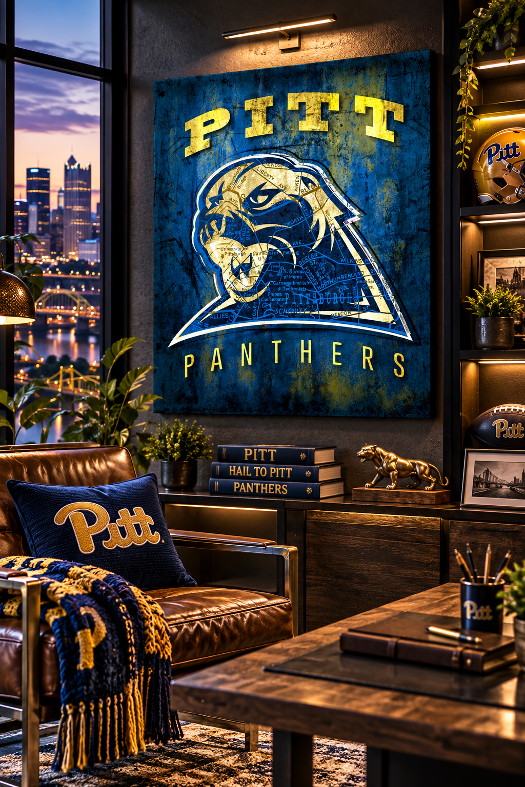 Pitt Panthers Canvas Wall Art | Vintage Pittsburgh City Map & University of Pittsburgh Football Decor