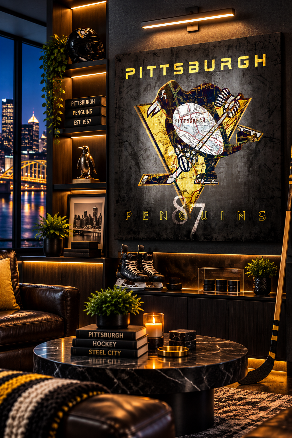 Pittsburgh Penguins Canvas Wall Art | Vintage Pittsburgh City Map, Skating Penguin Logo & Hockey Decor