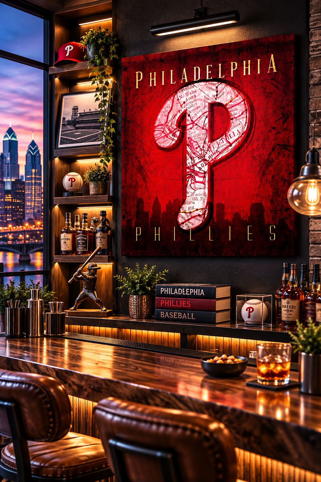 Philadelphia Phillies Canvas Wall Art | Vintage Philadelphia City Map & Phillies P Design
