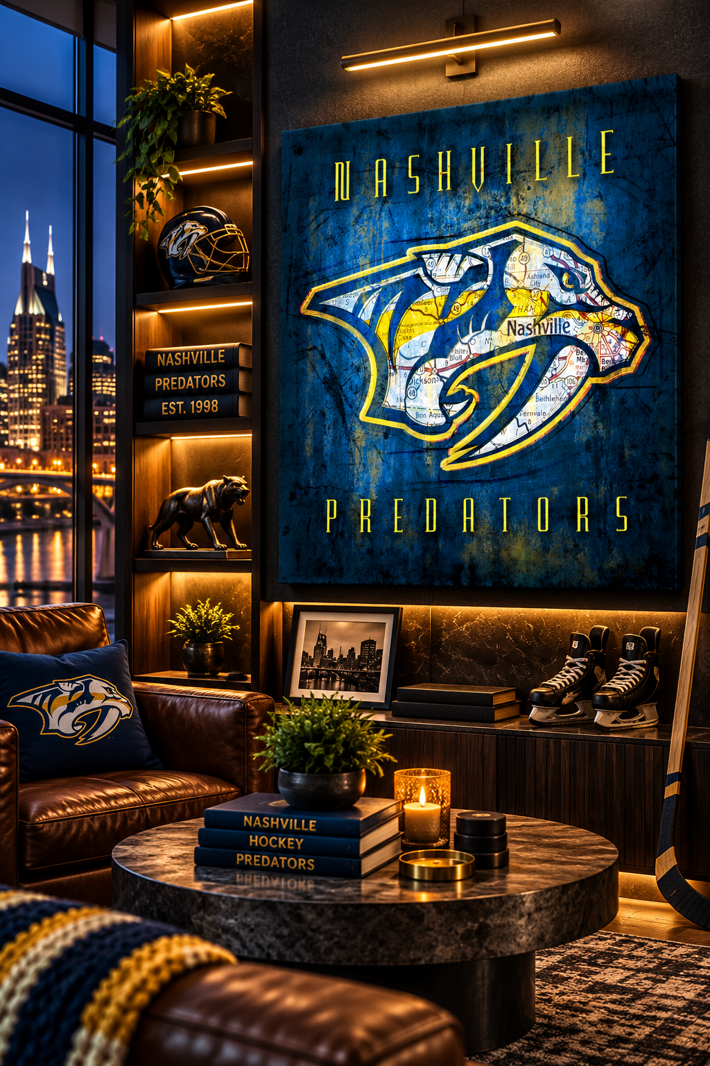 Nashville Predators Canvas Wall Art | Vintage Nashville City Map, Saber-Toothed Tiger Logo & Hockey Decor