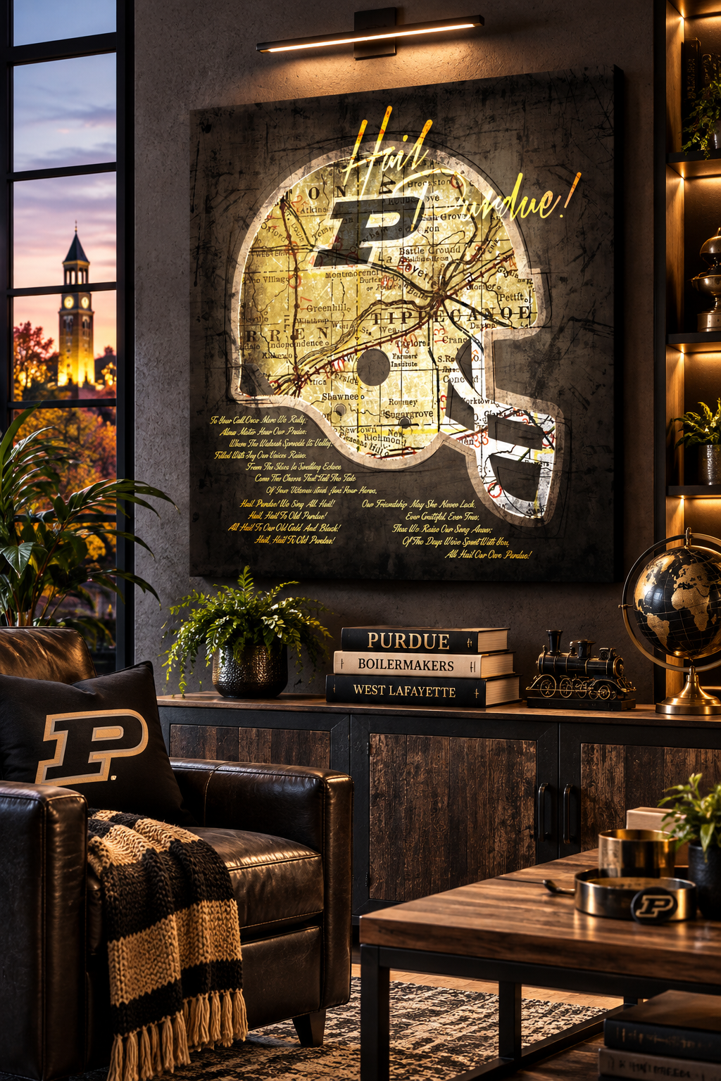 Purdue Boilermakers Football Helmet Canvas Wall Art | Vintage West Lafayette Map & Hail Purdue Fight Song