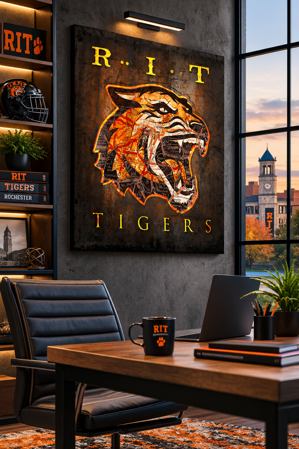 RIT Tigers Canvas Wall Art | Vintage Rochester NY Map & Roaring Tiger Design