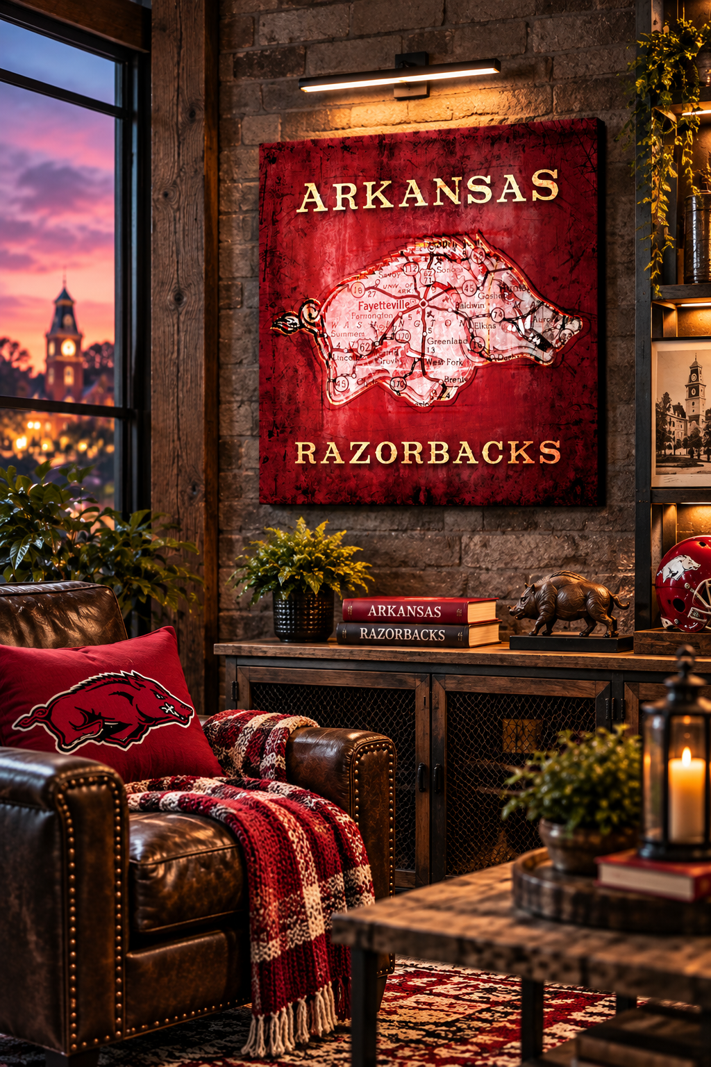 Arkansas Razorbacks Canvas Wall Art | Vintage Fayetteville Map & Razorback Hog Decor