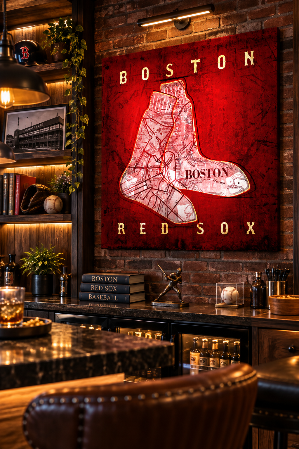 Boston Red Sox Canvas Wall Art | Vintage Boston City Map & Red Socks Baseball Design