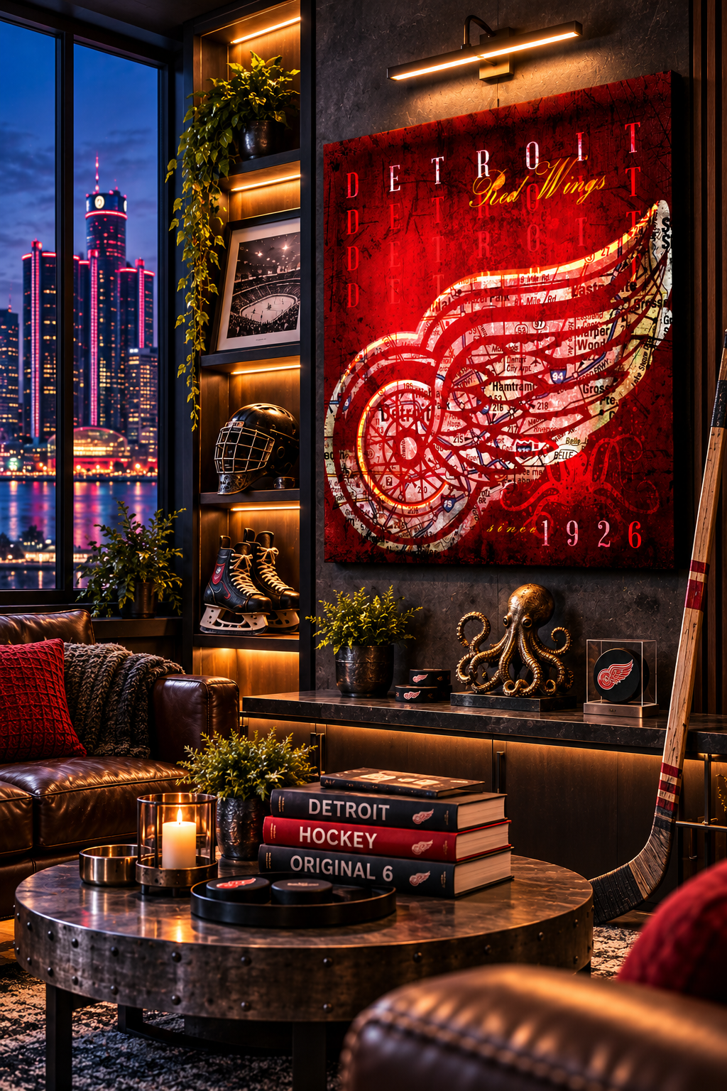 Detroit Red Wings Canvas Wall Art | Vintage Detroit City Map, Winged Wheel Logo & Original Six Hockey Decor