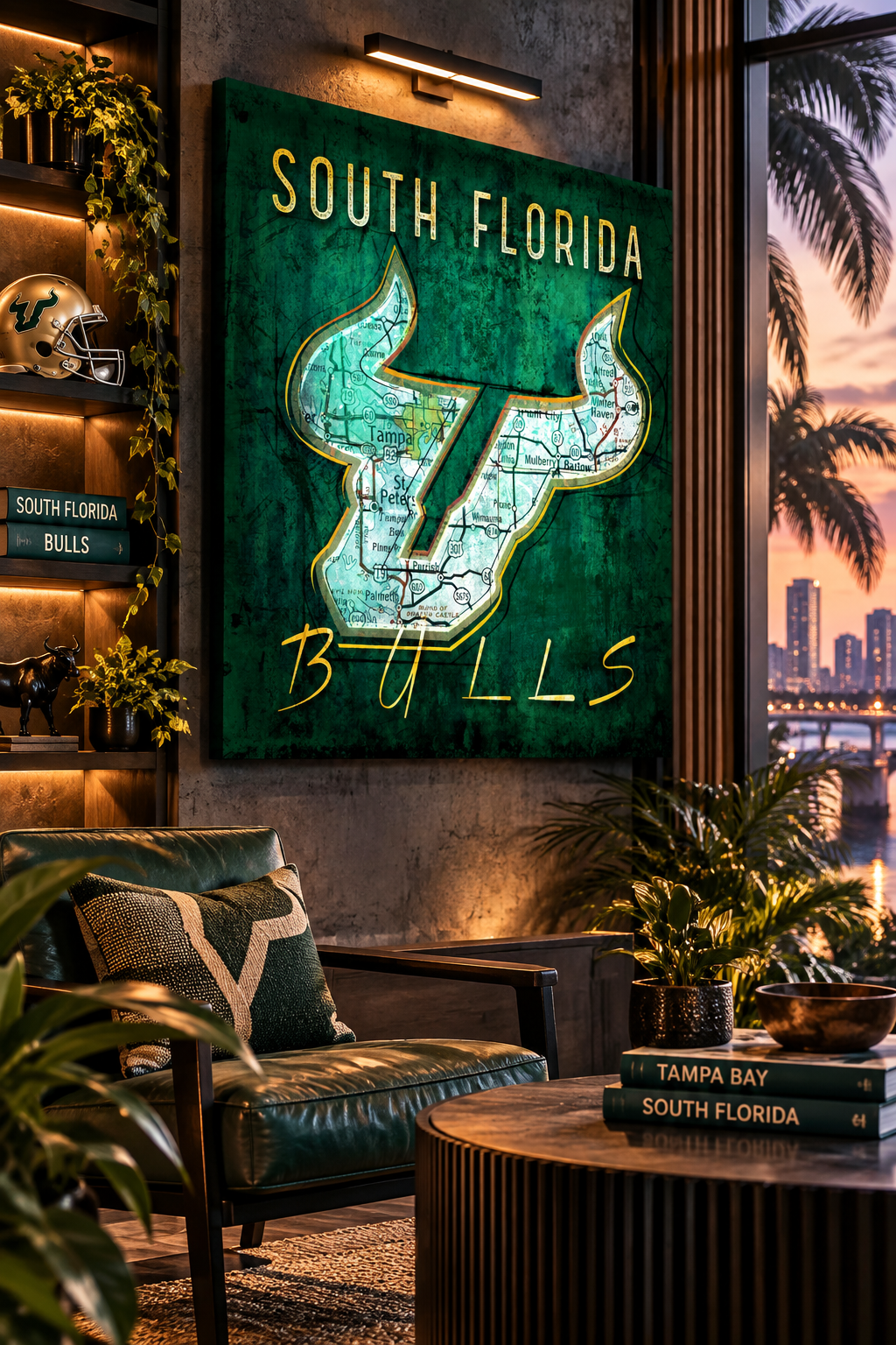 USF South Florida Bulls Canvas Wall Art | Vintage Tampa Bay Map & Bull Horns Design