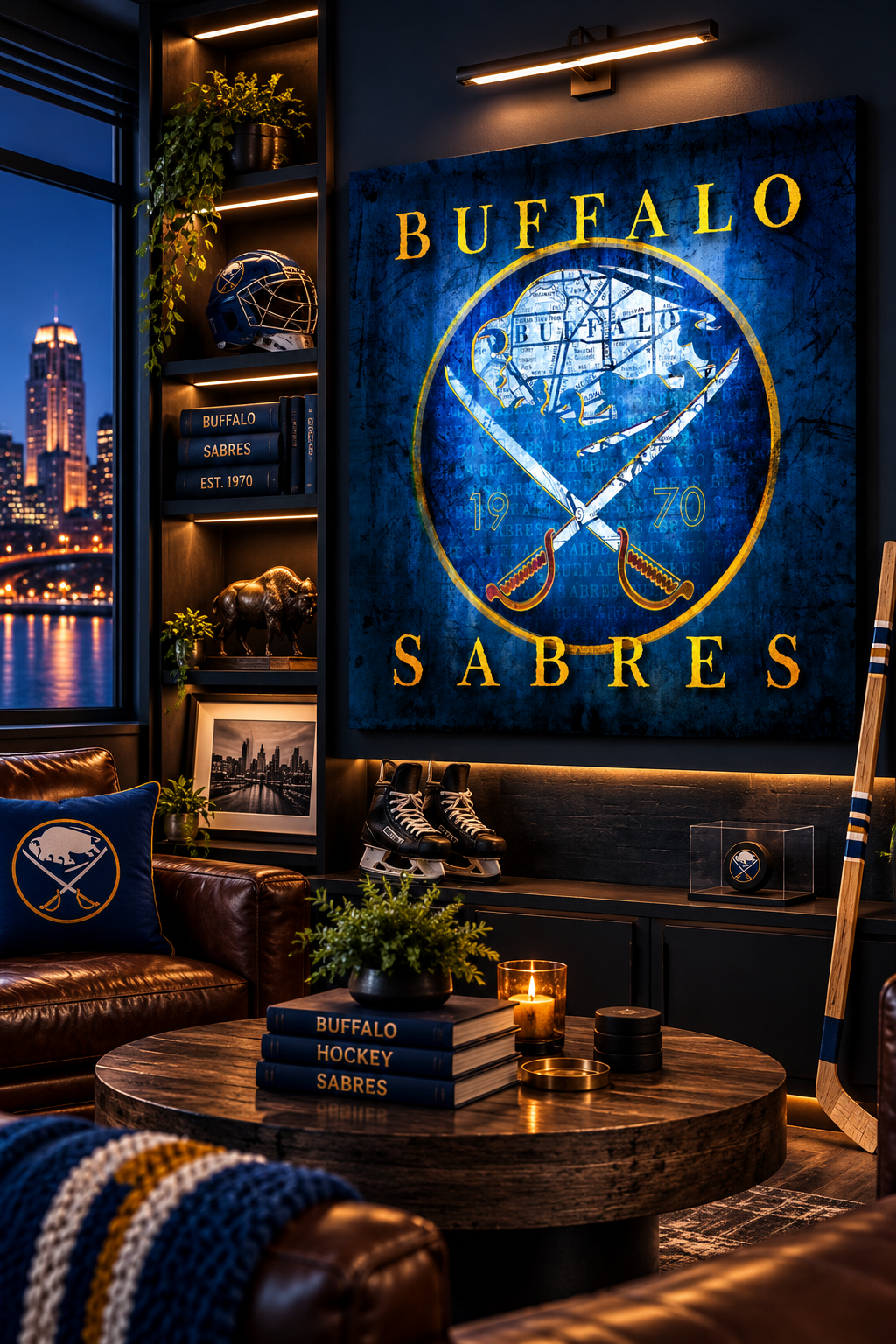 Buffalo Sabres Canvas Wall Art | Vintage Buffalo City Map, Crossed Sabres Logo & Hockey Decor