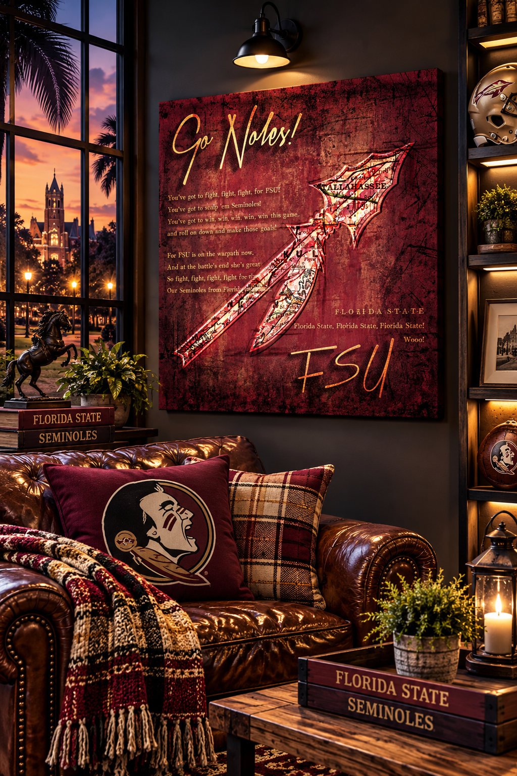 Florida State Seminoles Canvas Wall Art | Vintage Tallahassee Map & FSU Fight Song | Seminole Spear Football Decor