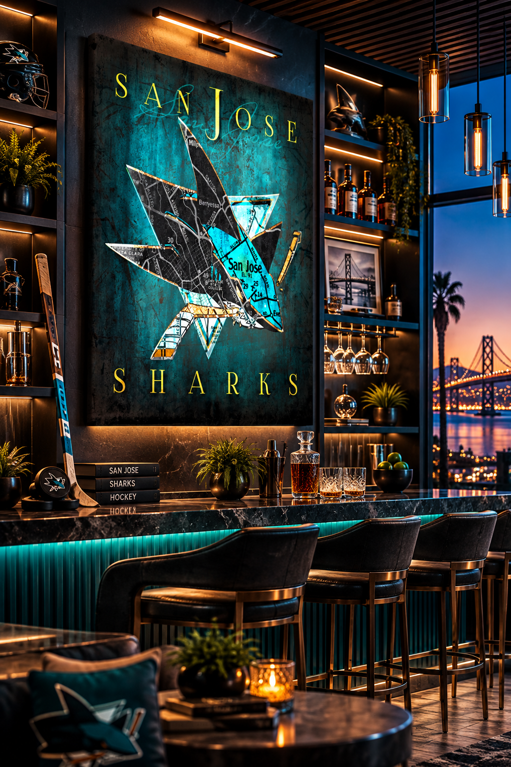 San Jose Sharks Canvas Wall Art | Vintage San Jose City Map, Shark Logo & Hockey Decor