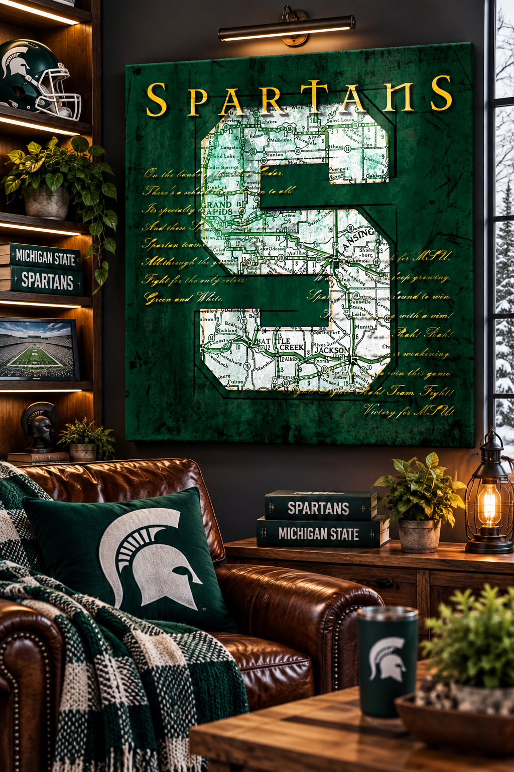 Michigan State Spartans Wall Art | Vintage Michigan Map Canvas with MSU Fight Song Lyrics | College Football Decor