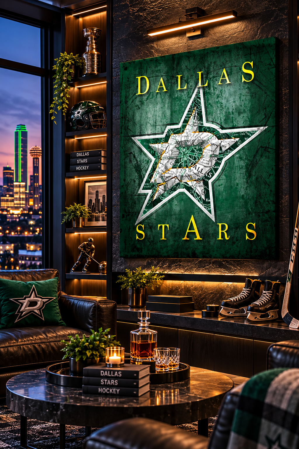 Dallas Stars Canvas Wall Art | Vintage Dallas City Map, Star Logo & Hockey Decor