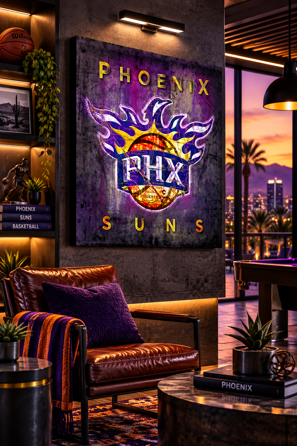 Phoenix Suns Canvas Wall Art | Vintage Phoenix City Map | Basketball Man Cave Decor