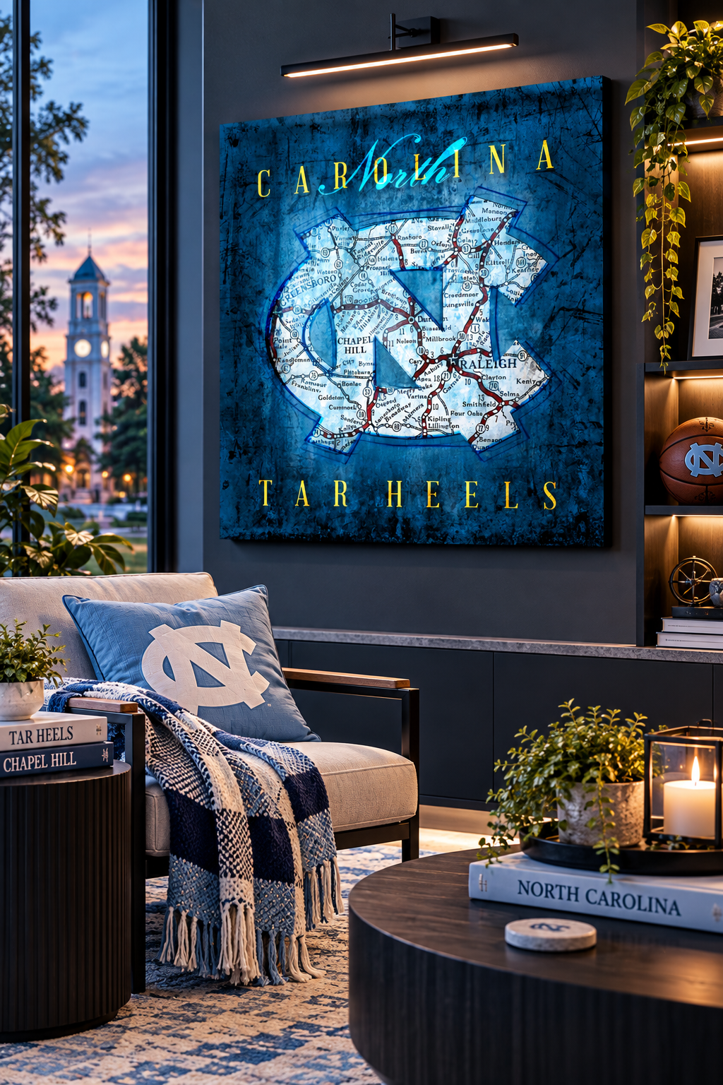 North Carolina Tar Heels Canvas Wall Art | Vintage Chapel Hill Map & UNC Basketball Decor
