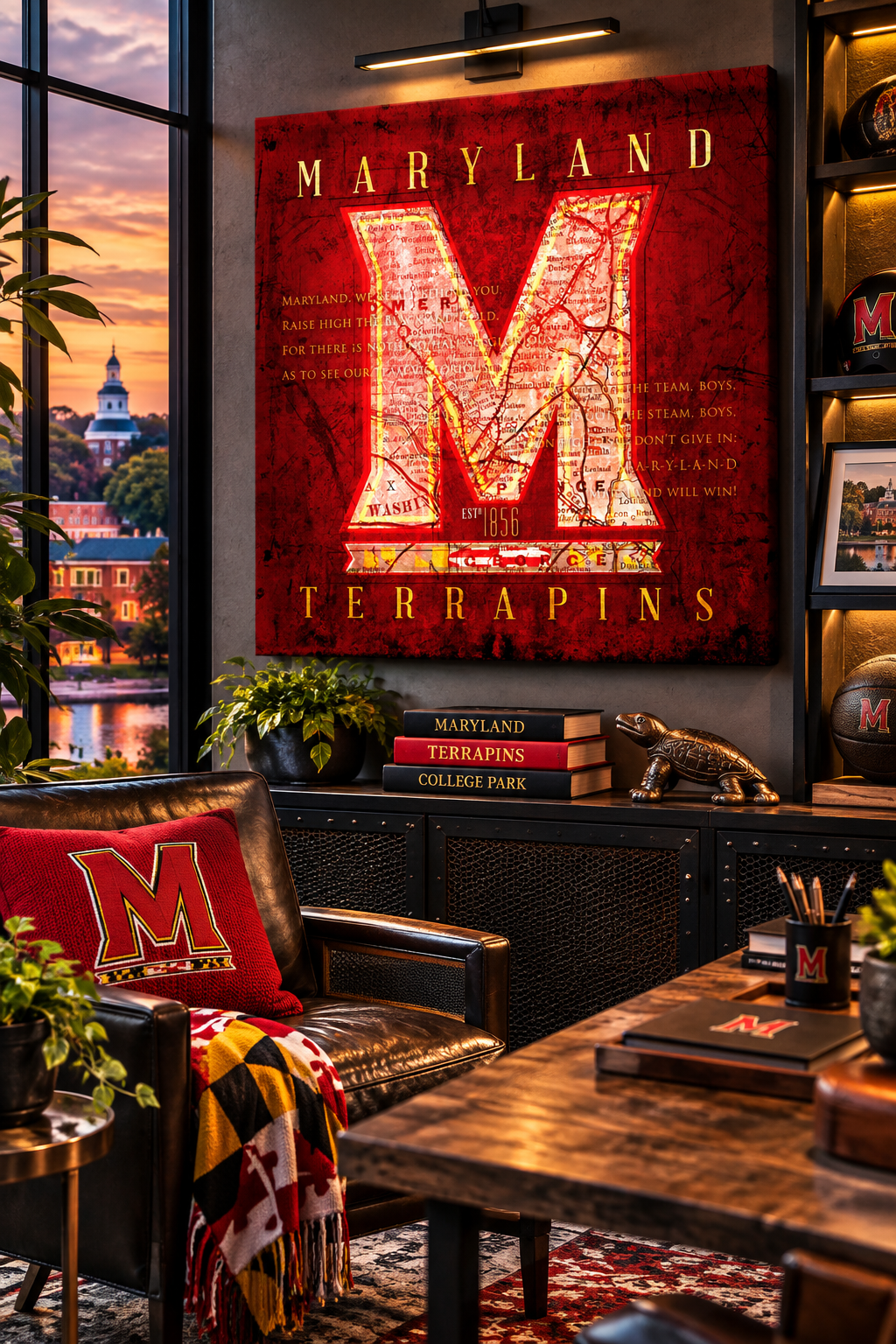 Maryland Terrapins Canvas Wall Art | Vintage College Park Map & Fight Song | University of Maryland Decor