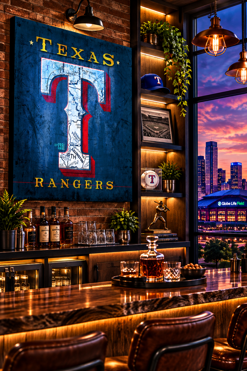 Texas Rangers Canvas Wall Art | Vintage Texas City Map, Classic T Logo & Baseball Design