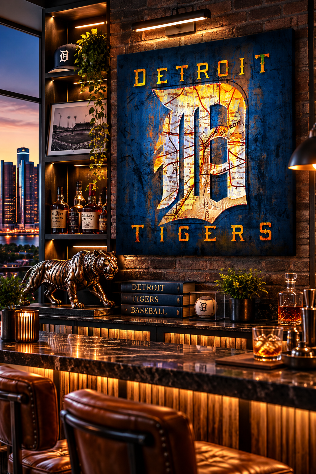 Detroit Tigers Canvas Wall Art | Vintage Detroit City Map & Old English D Baseball Design