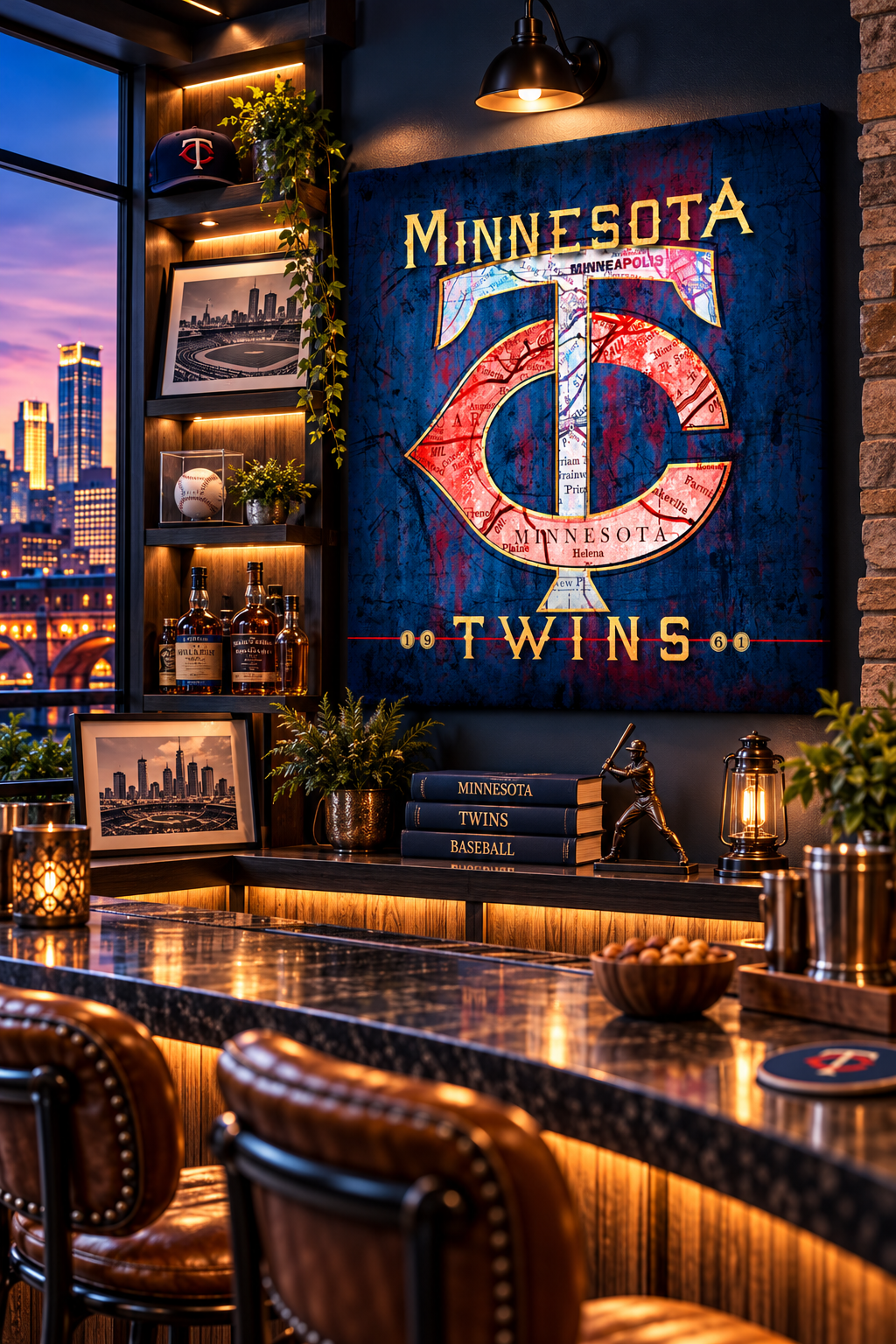 Minnesota Twins Canvas Wall Art | Vintage Minneapolis City Map, Classic TC Logo & Baseball Design