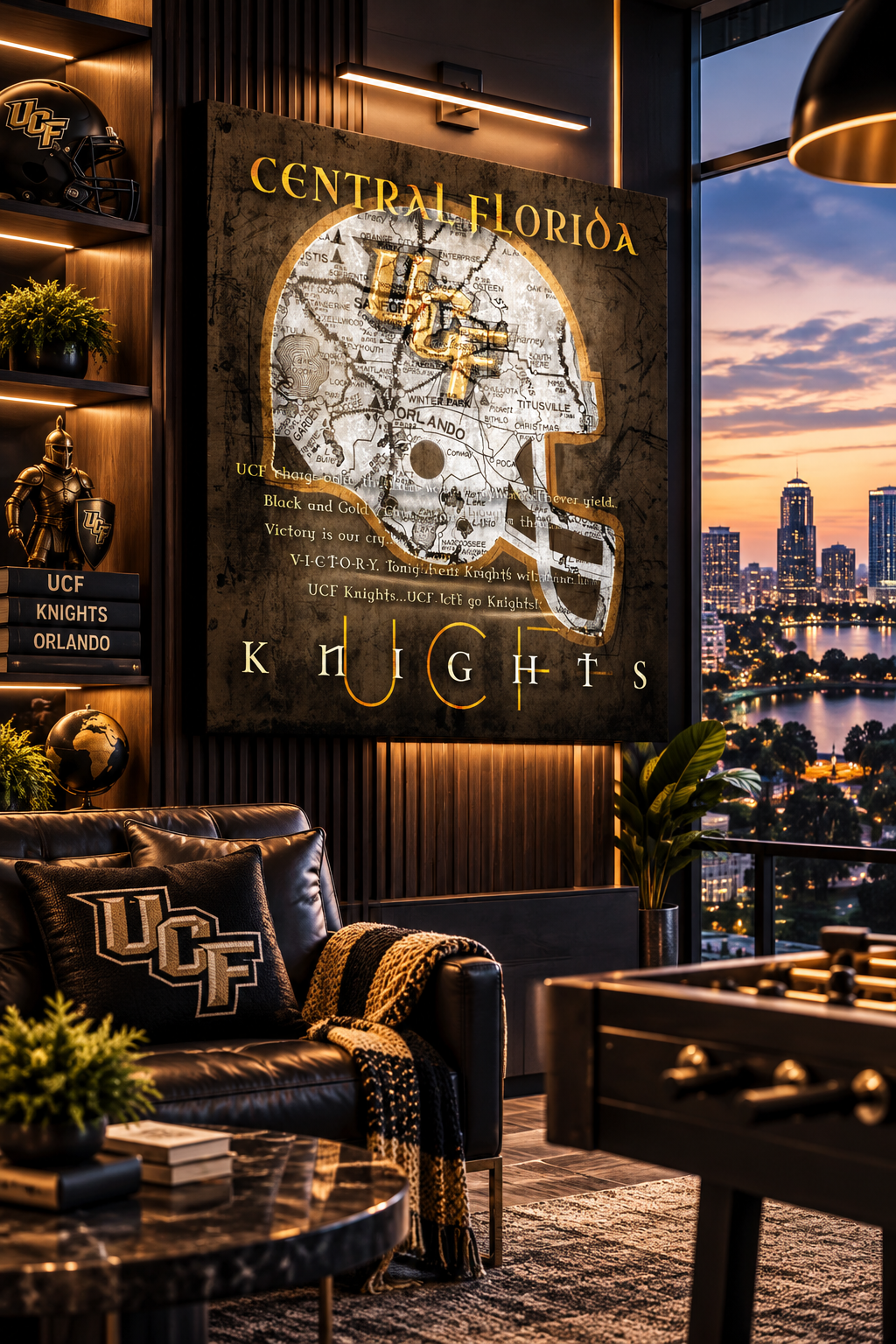 UCF Knights Canvas Wall Art | Vintage Orlando Florida Map, Football Helmet & Fight Song Lyrics