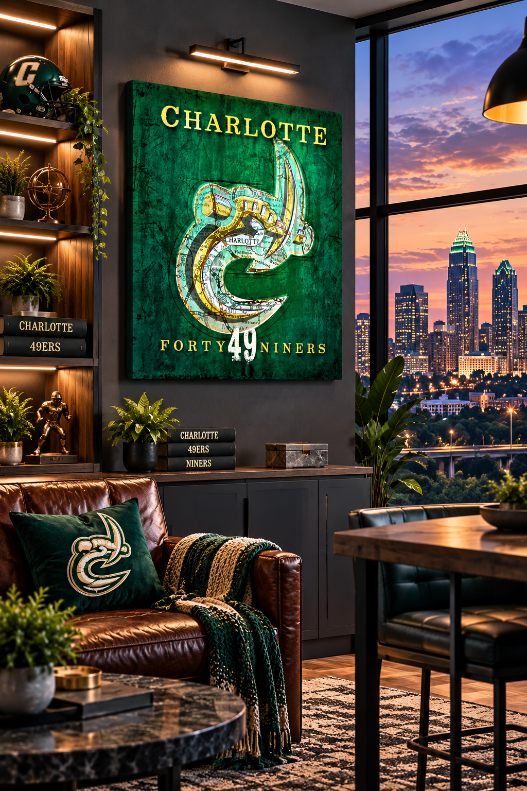 UNC Charlotte 49ers Canvas Wall Art | Vintage Charlotte NC Map & 49ers Mascot Design