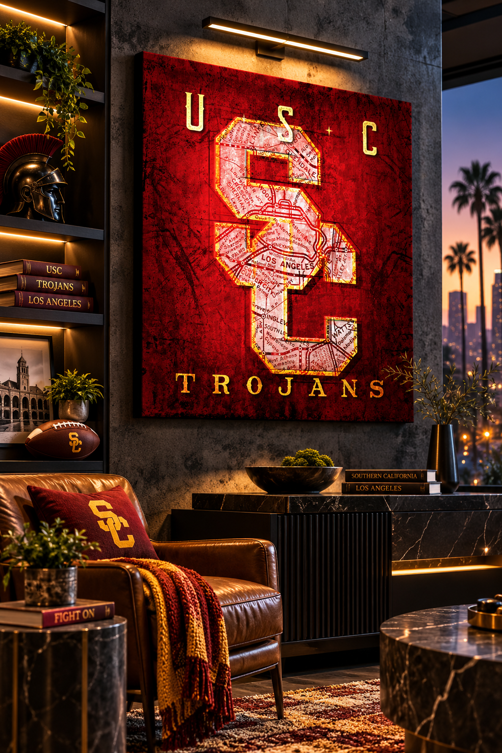 USC Trojans Canvas Wall Art | Vintage Los Angeles Map & Cardinal Gold Decor
