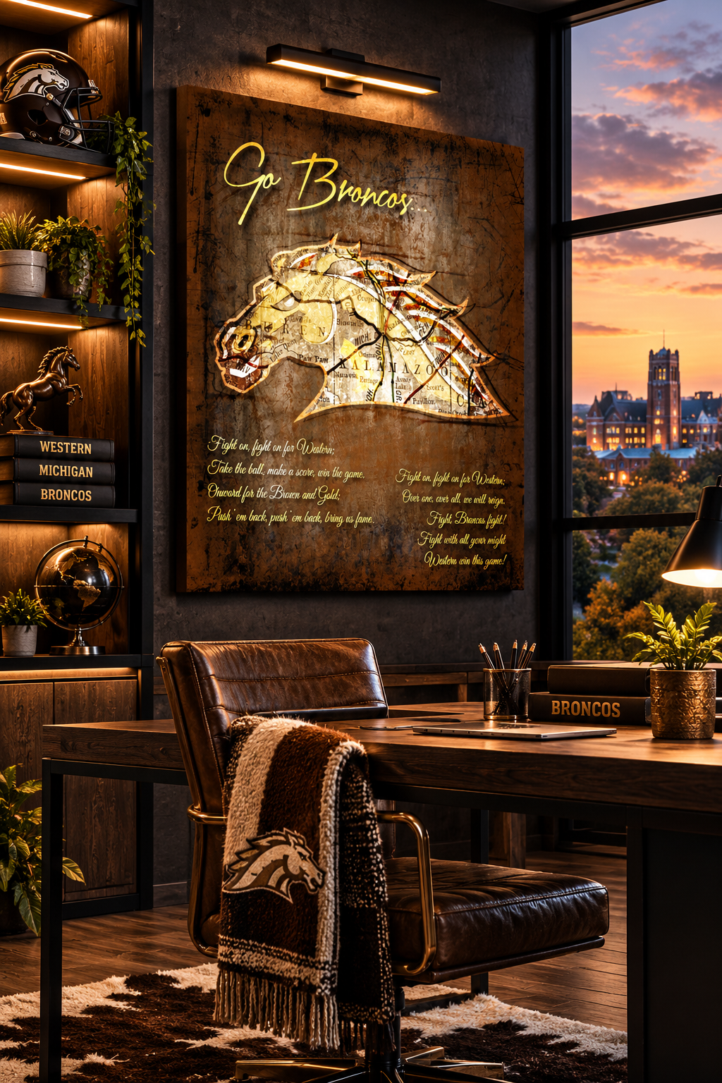 Western Michigan Broncos Canvas Wall Art | Vintage Kalamazoo Map, Horse Mascot & Fight Song Lyrics