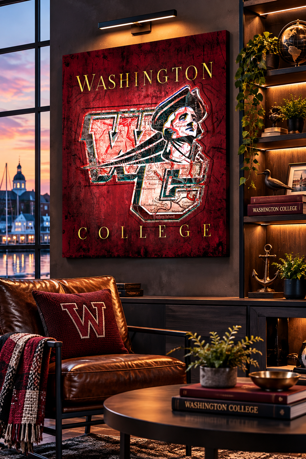 Washington College Shoremen Canvas Wall Art | Vintage Chestertown Maryland Map & George Washington Design
