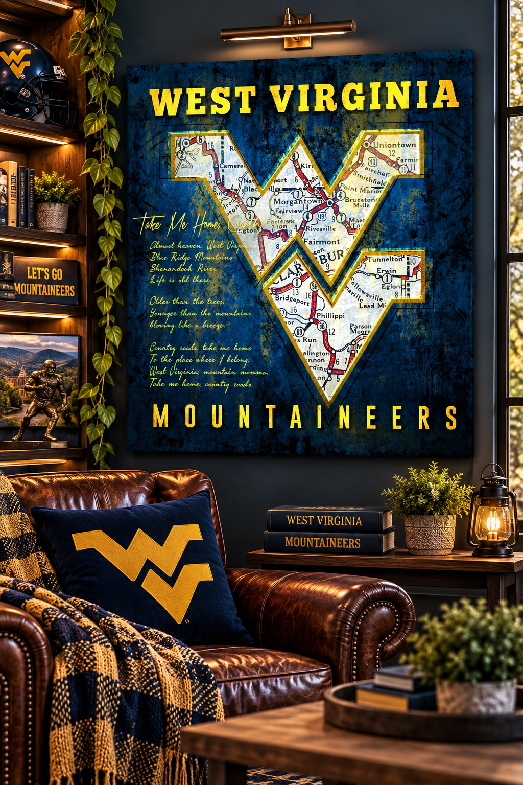 West Virginia Mountaineers Wall Art | Vintage Morgantown Map & Country Roads Canvas