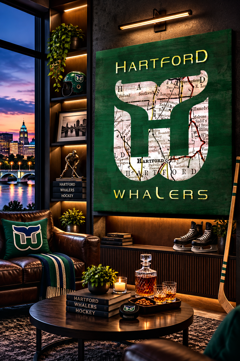 Hartford Whalers Canvas Wall Art | Vintage Hartford Connecticut Map, Retro NHL Logo & Hockey Decor