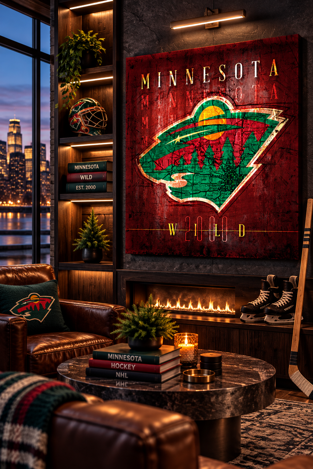 Minnesota Wild Canvas Wall Art | Vintage Minnesota City Map, Wild Logo & Hockey Decor