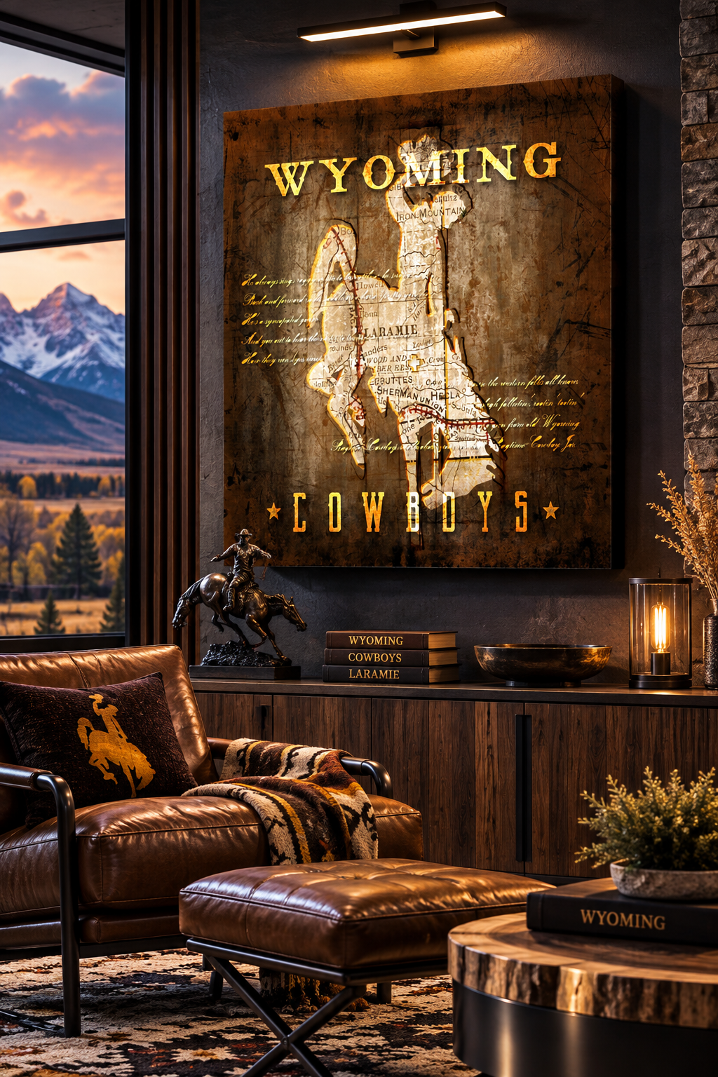 Wyoming Cowboys Canvas Wall Art | Vintage Laramie Map & Bucking Horse Design