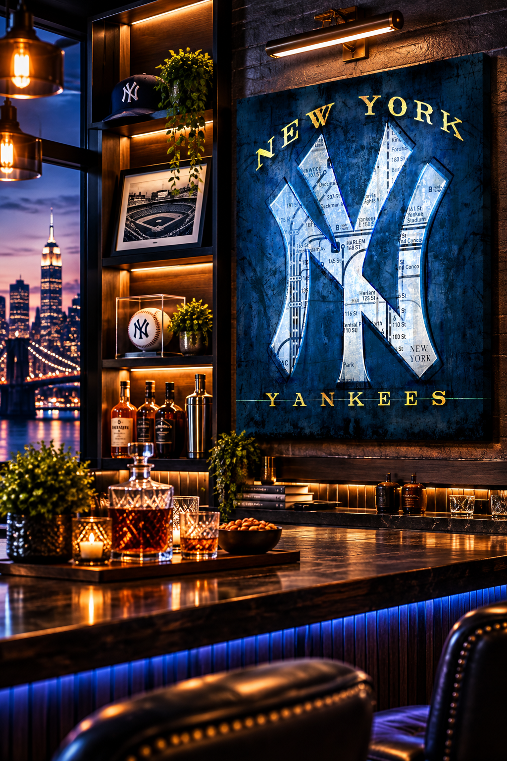 New York Yankees Canvas Wall Art | Vintage NYC Street Map & Interlocking NY Baseball Design