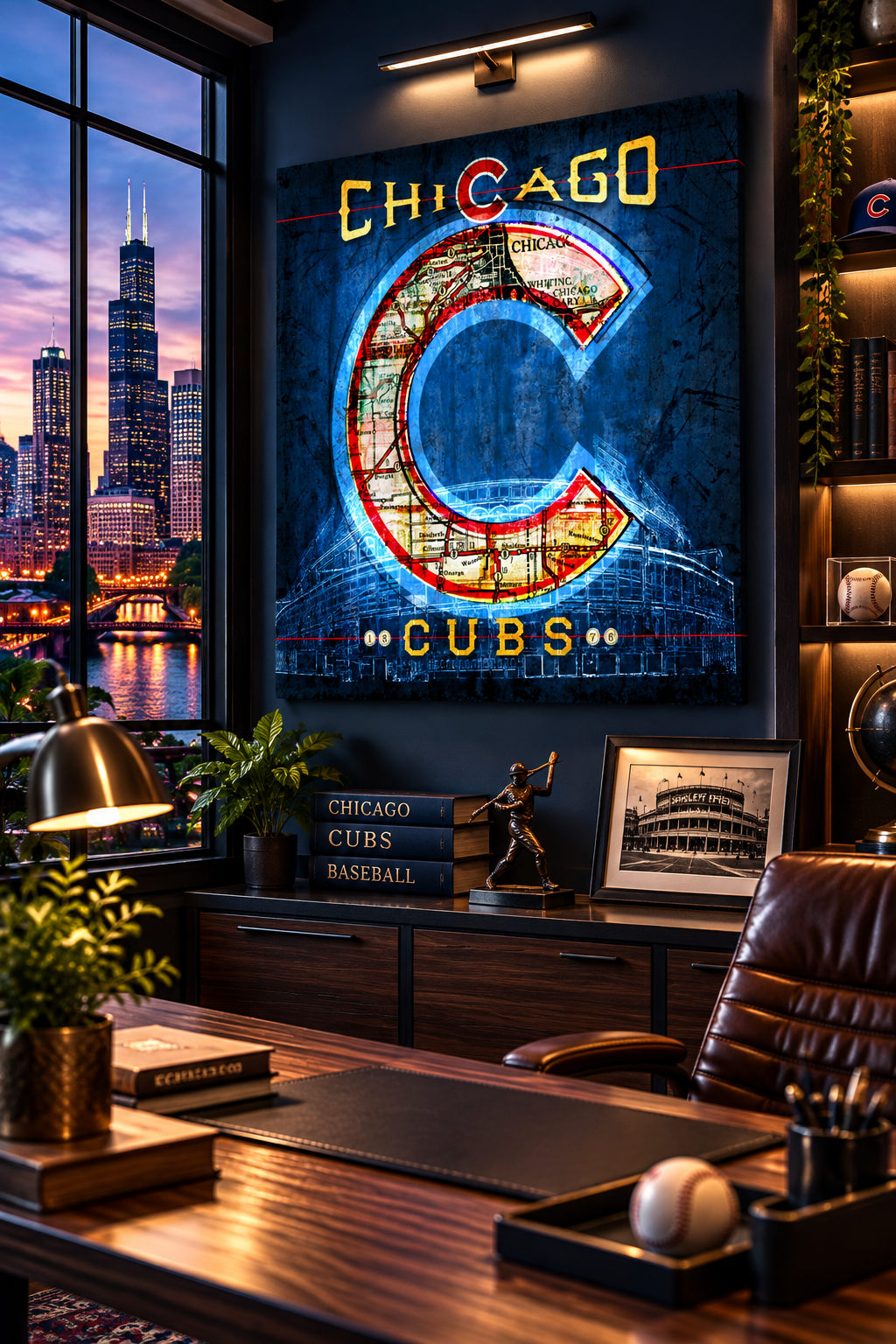 Chicago Cubs Wrigley Field Canvas Wall Art | Vintage Chicago City Map & Cubs C Baseball Design