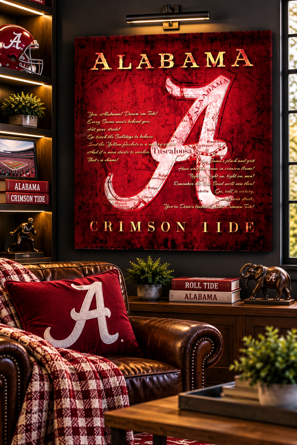 Alabama Crimson Tide Wall Art | Vintage Tuscaloosa Map & Fight Song Canvas