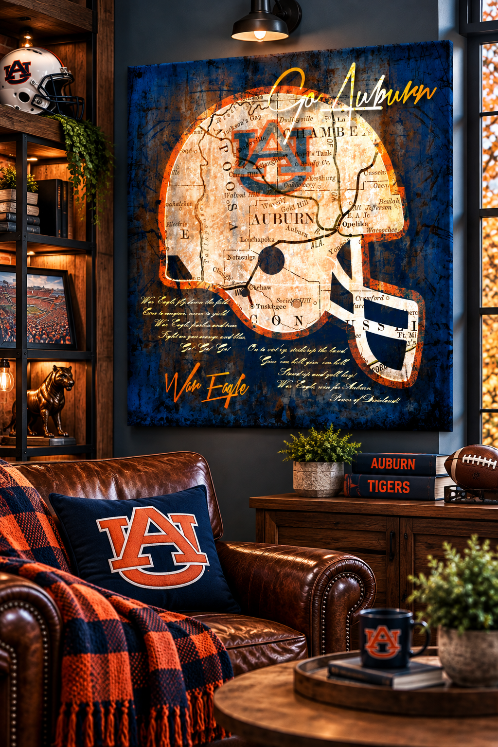 Auburn Tigers Wall Art | Vintage Auburn Alabama Map Canvas with Fight Song Lyrics | War Eagle Football Helmet Decor