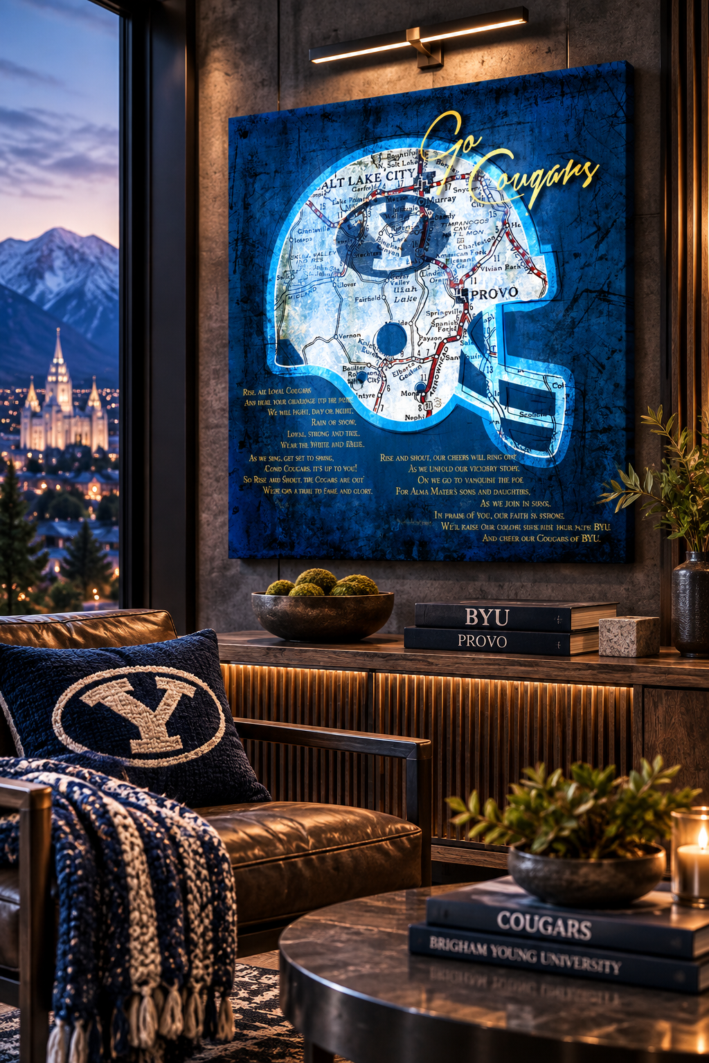 BYU Cougars Football Canvas Wall Art | Vintage Provo Utah Map & Cougar Fight Song Decor
