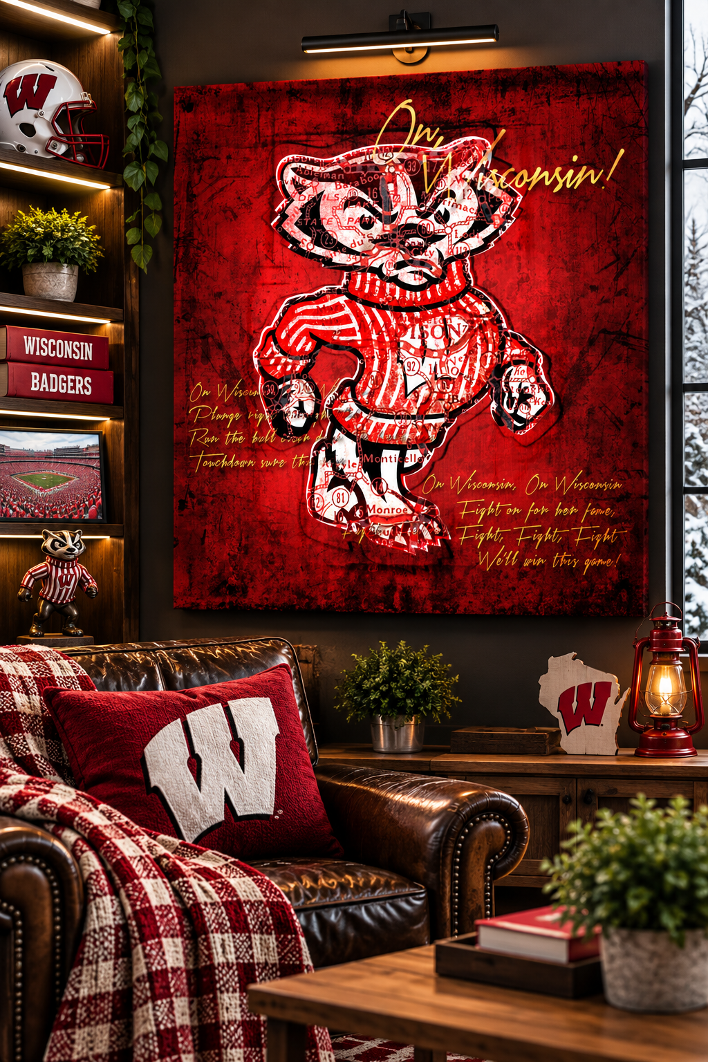 Wisconsin Badgers Wall Art | Bucky Badger Vintage Map & Fight Song Canvas
