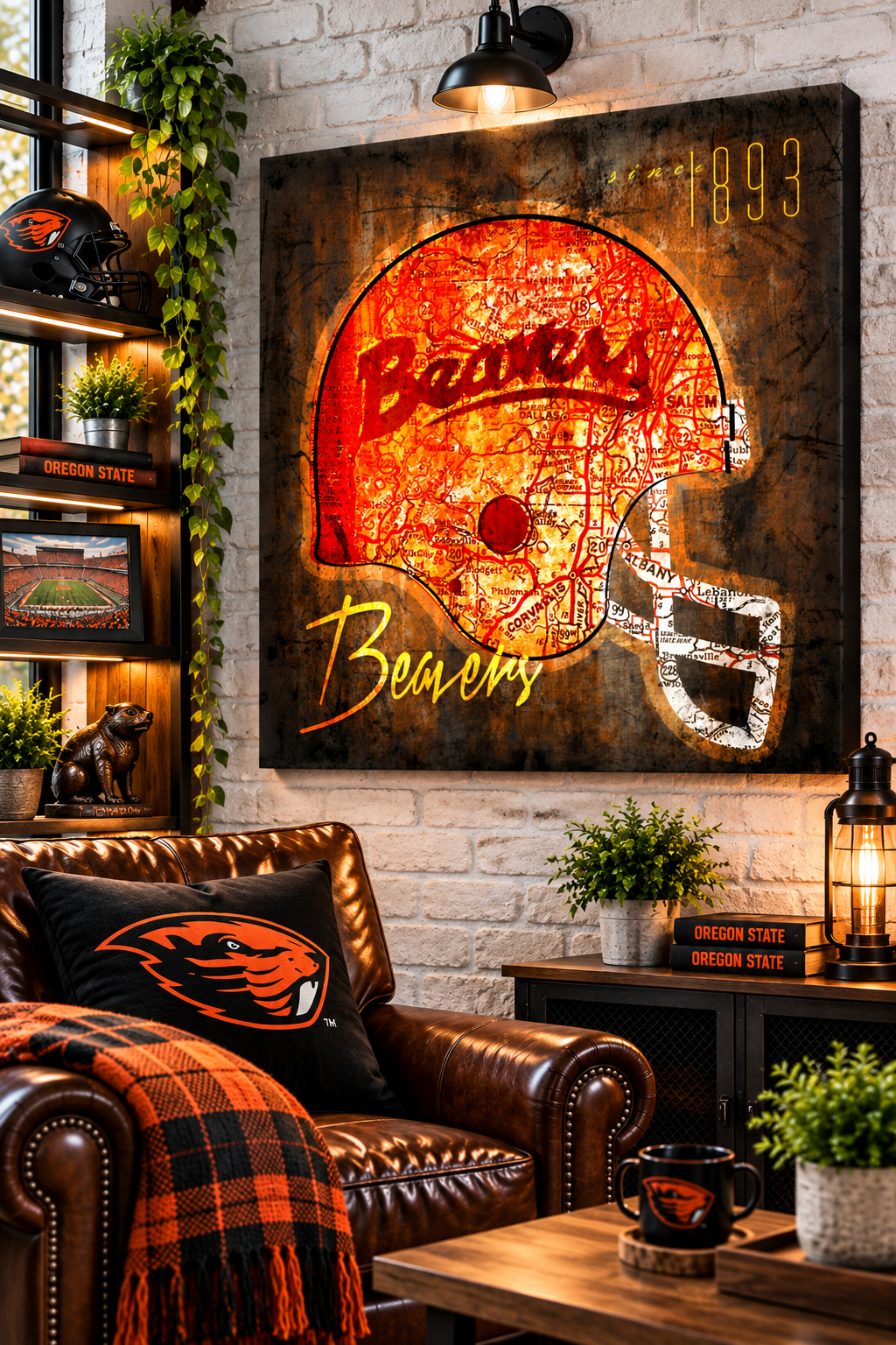 Oregon State Beavers Canvas Wall Art | Vintage Oregon Map Football Helmet | OSU Football Decor