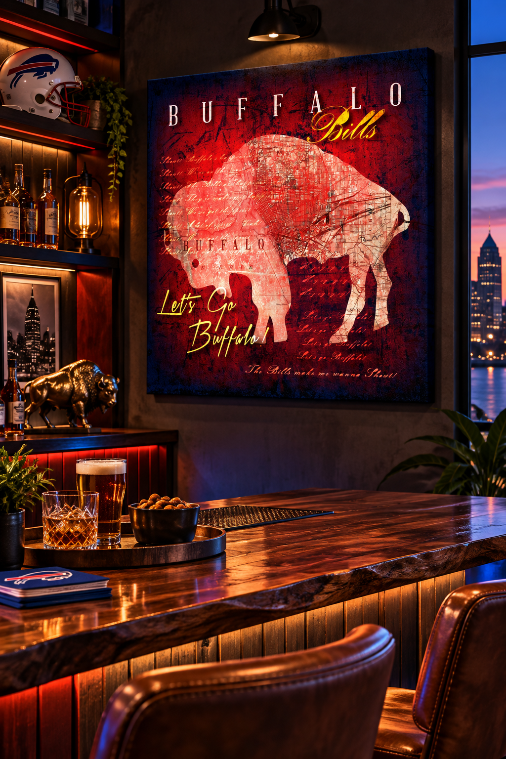 Buffalo Bills Wall Art | Vintage Buffalo City Map Football Canvas with Shout Fight Song Lyrics