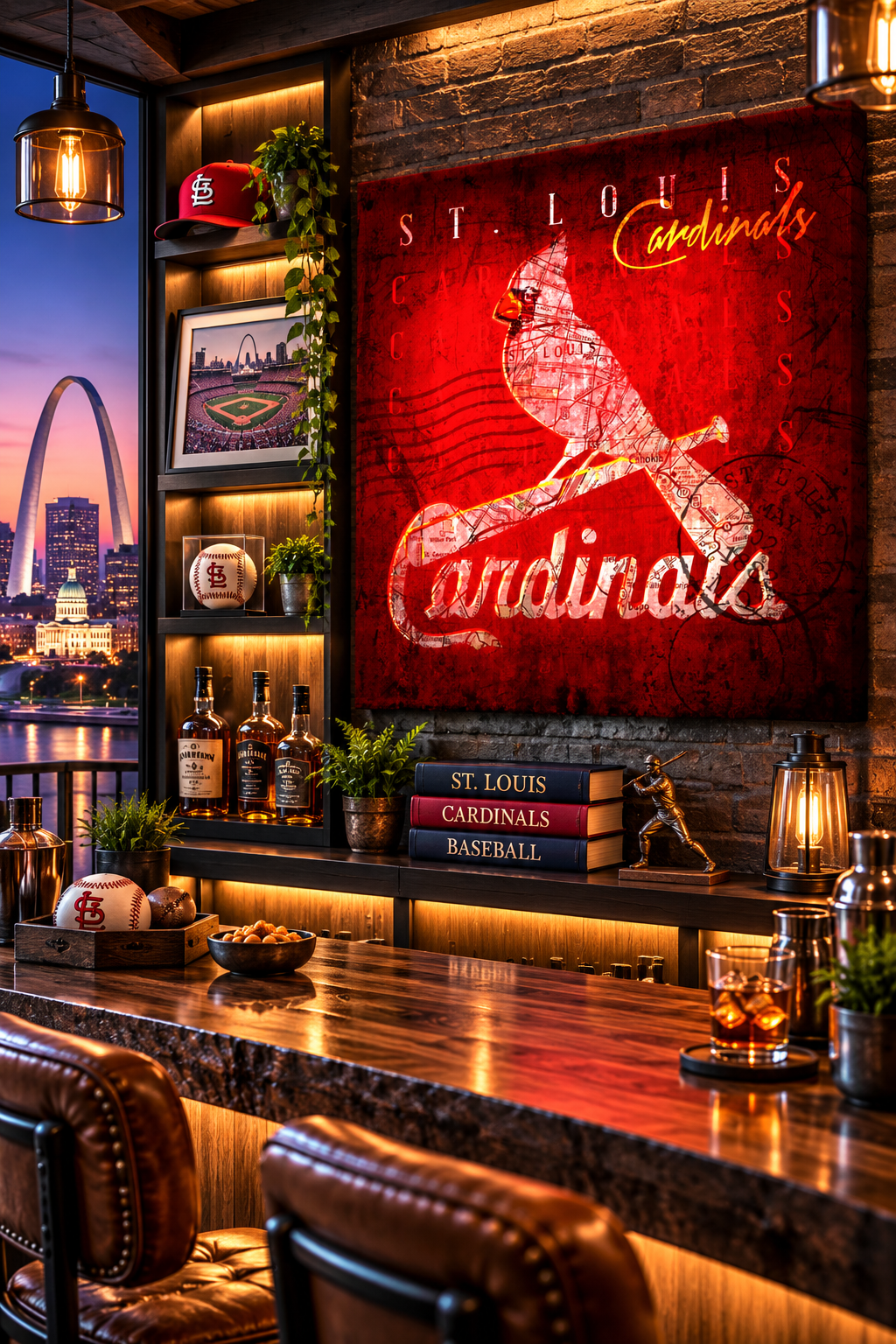 St. Louis Cardinals Canvas Wall Art | Vintage St. Louis City Map & Bird on Bat Baseball Design