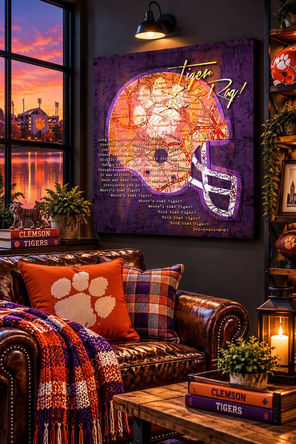 Clemson Tigers Canvas Wall Art | Vintage Clemson Map & Tiger Rag Fight Song | Football Helmet Decor