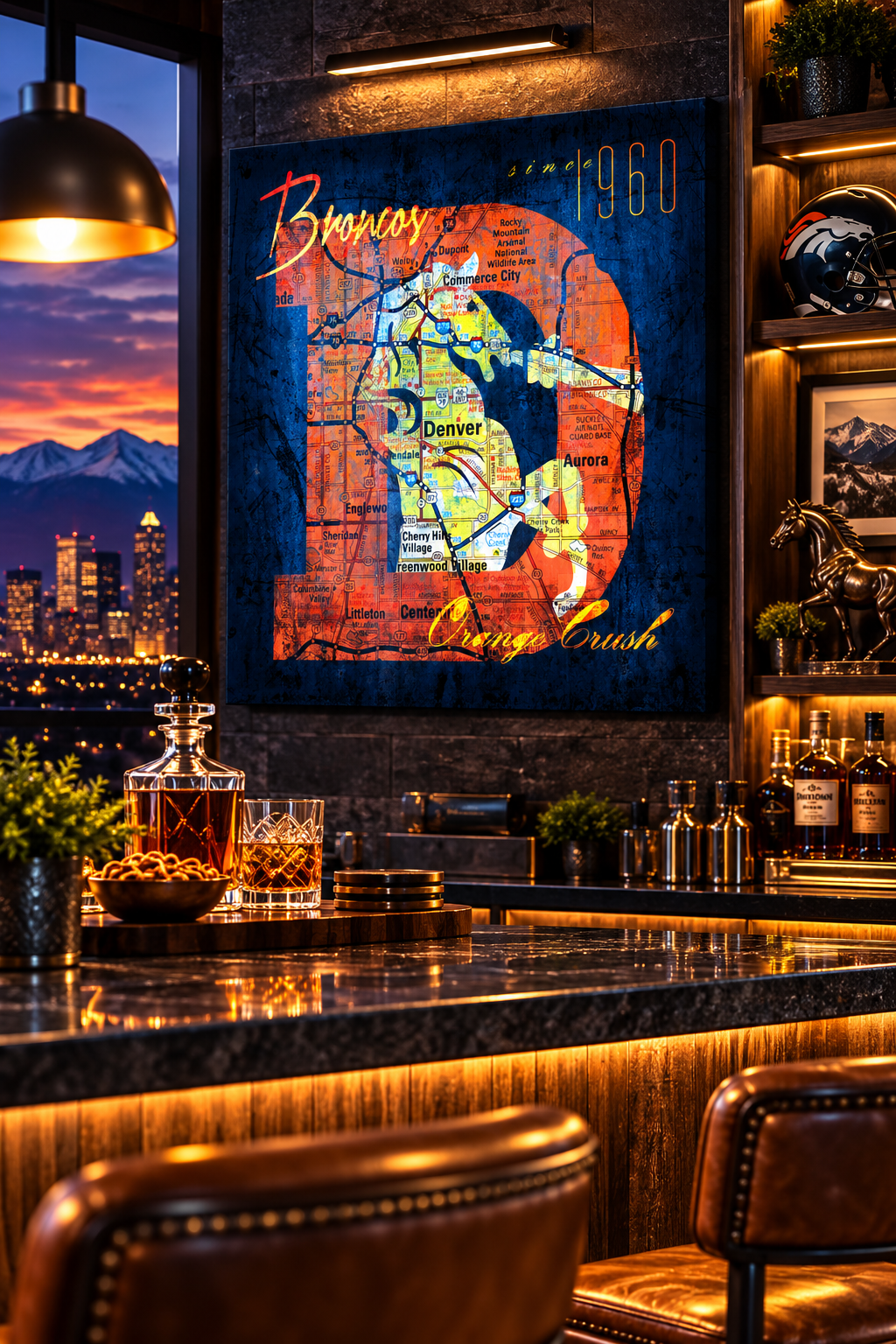 Denver Broncos Vintage City Map Canvas Wall Art | Orange Crush Football Decor