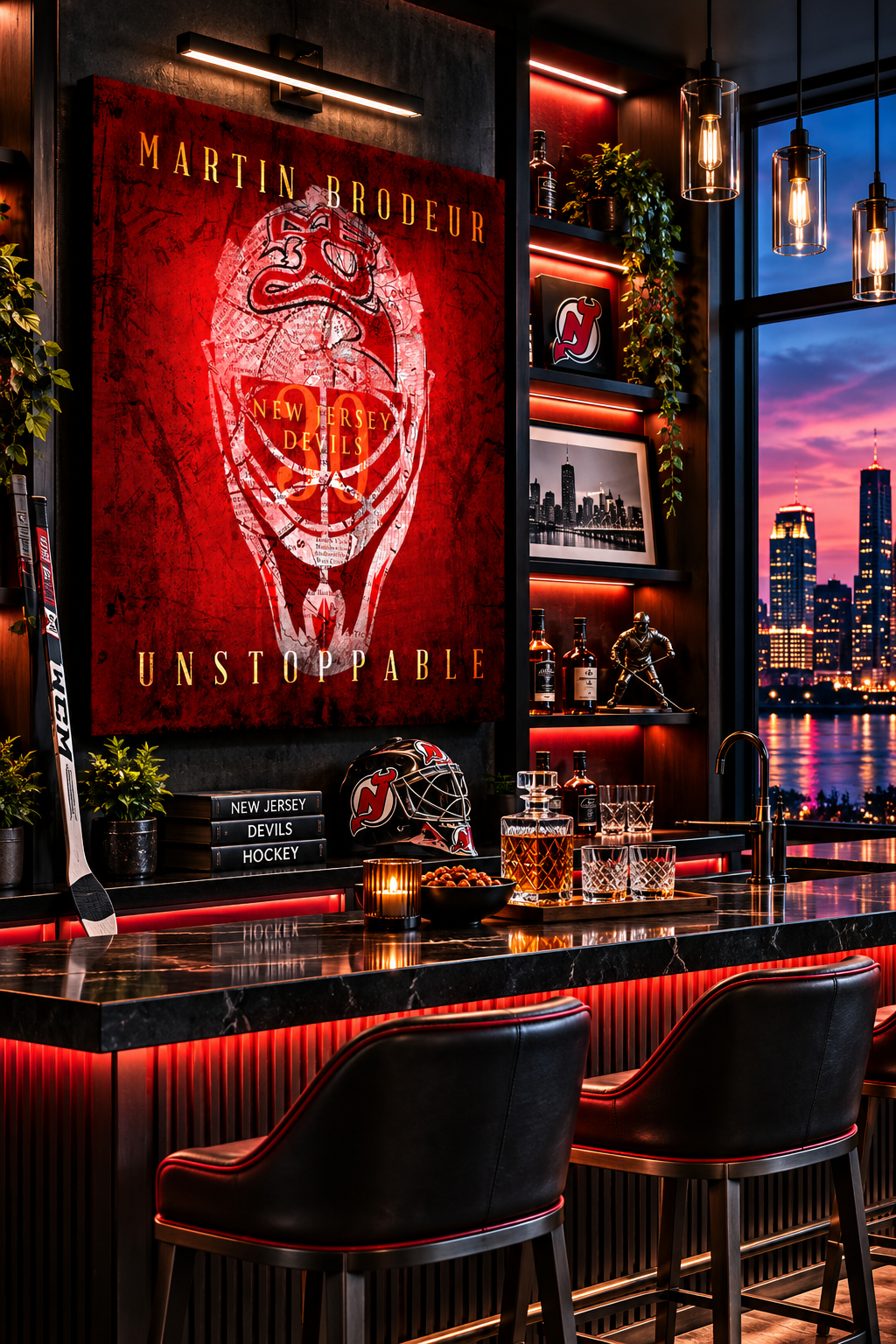 Martin Brodeur New Jersey Devils Canvas Wall Art | Vintage NJ Map, Goalie Mask & Hockey Decor