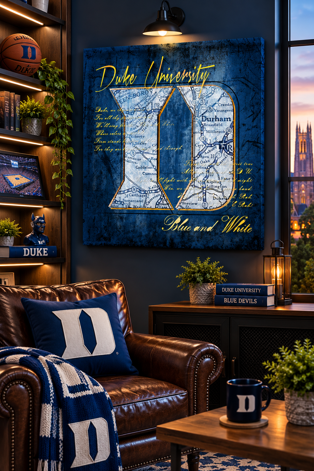 Duke Blue Devils Vintage Durham Map Canvas Wall Art | Duke University Fight Song Lyrics | College Basketball Decor