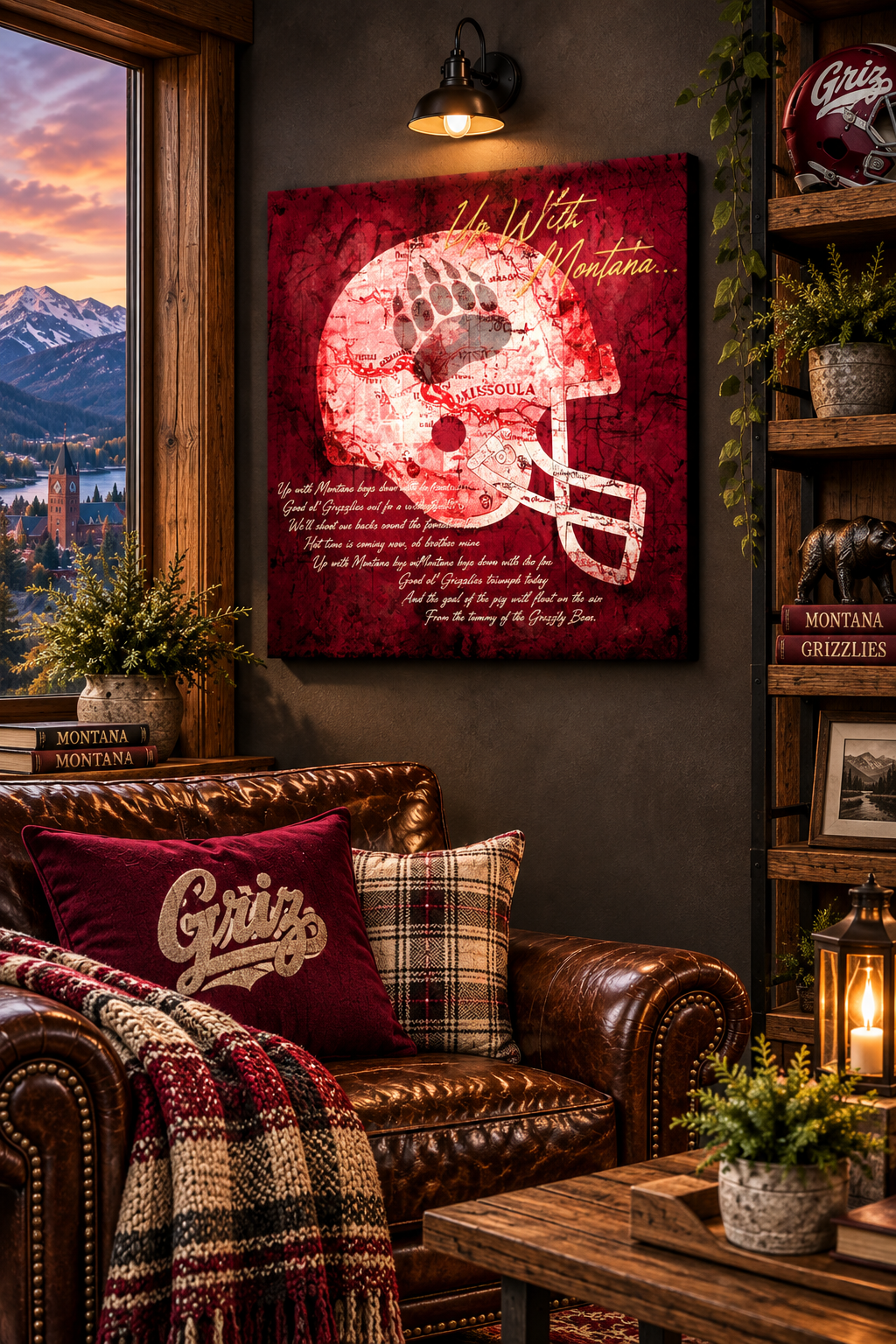 Montana Grizzlies Canvas Wall Art | Vintage Missoula Map & Up With Montana Fight Song | Griz Football Decor