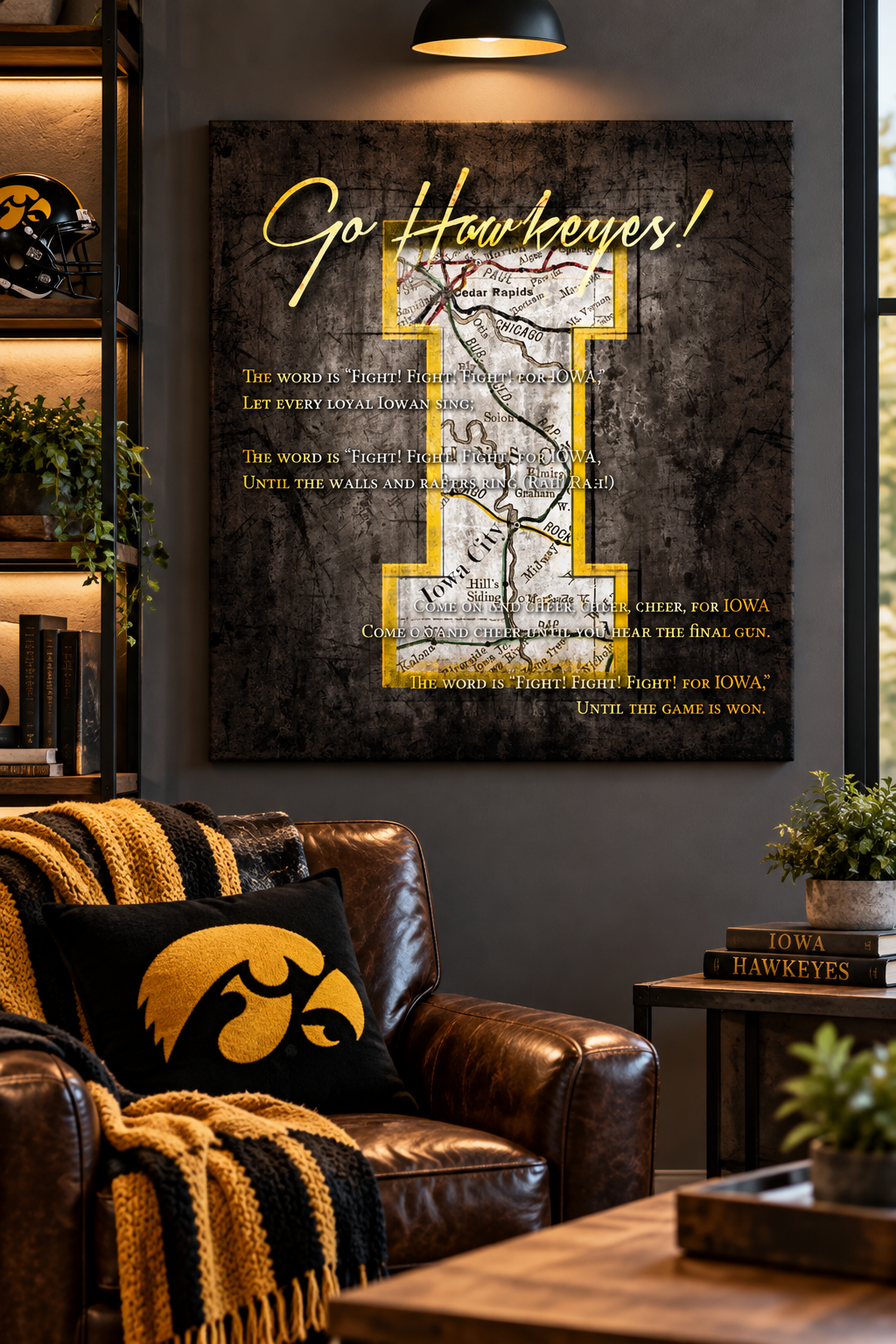Iowa Hawkeyes Wall Art | Vintage Iowa City Map & Fight Song Canvas