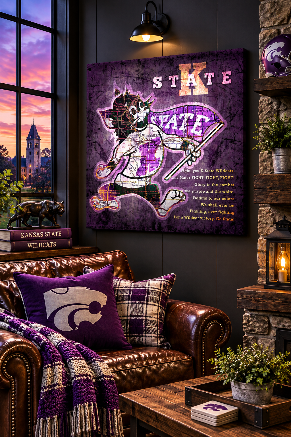 Kansas State Wildcats Canvas Wall Art | Vintage Manhattan Map & K-State Fight Song | Willie the Wildcat Football Decor