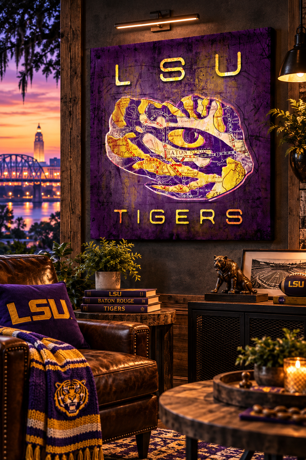 LSU Tigers Canvas Wall Art | Vintage Baton Rouge City Map & Tiger Head Decor