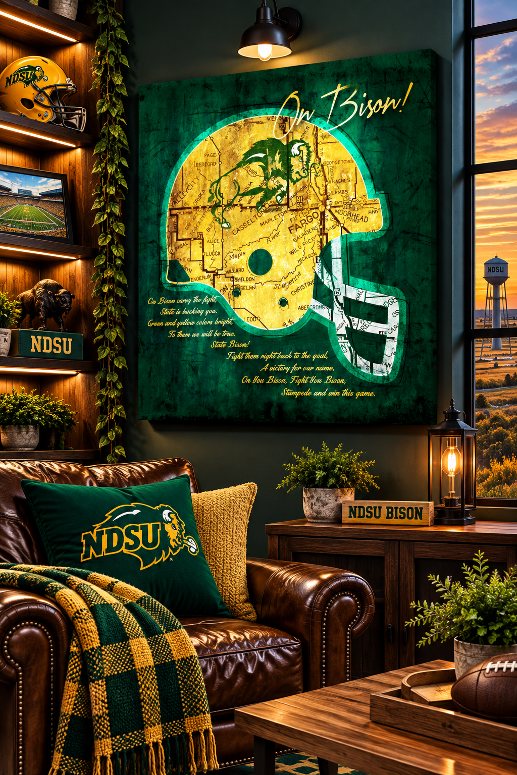 NDSU Bison Canvas Wall Art | Vintage Fargo Map & On Bison Fight Song | North Dakota State Football Decor
