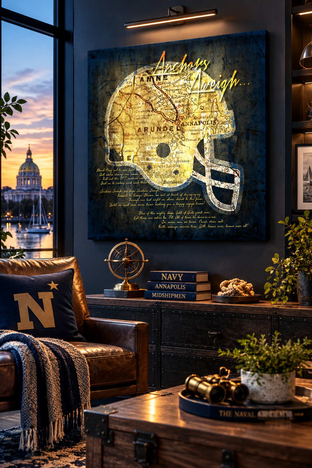 Navy Midshipmen Football Helmet Canvas Wall Art | Vintage Annapolis Map & Anchors Aweigh Fight Song
