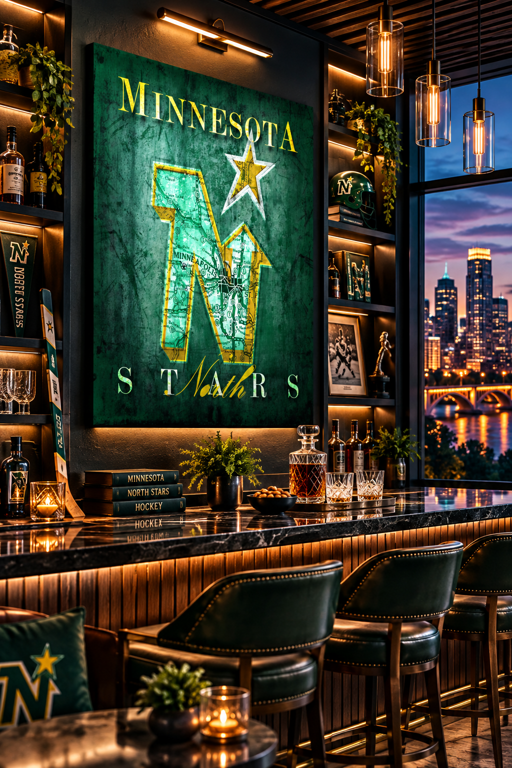 Minnesota North Stars Canvas Wall Art | Vintage Minneapolis City Map, Retro Hockey Logo & Man Cave Decor